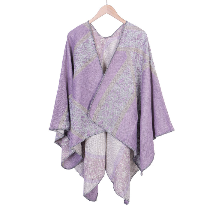 Ladies Jacquard Poncho with Floral Intarsia and Open Ruana Silhouette Mune Fashion