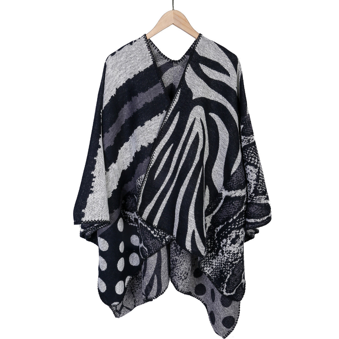 Women's Oversized Knit Cape with Abstract Animal and Graphic Pattern Mune Fashion