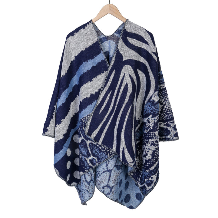 Women's Oversized Knit Cape with Abstract Animal and Graphic Pattern Mune Fashion