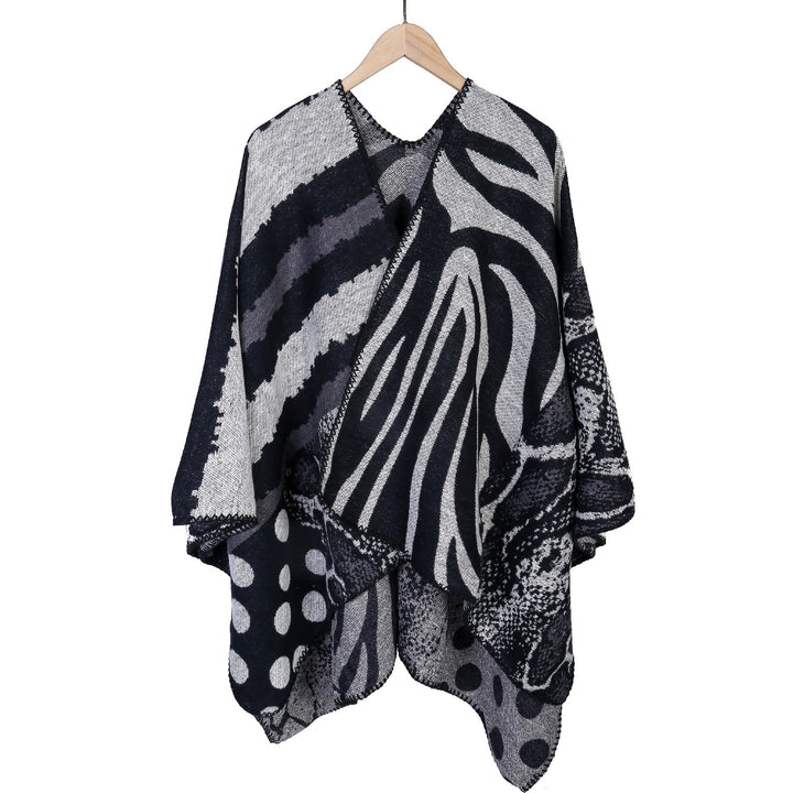 Women's Oversized Knit Cape with Abstract Animal and Graphic Pattern Mune Fashion