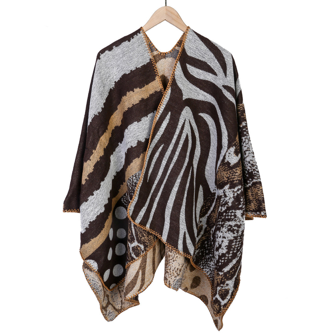 Women's Oversized Knit Cape with Abstract Animal and Graphic Pattern Mune Fashion