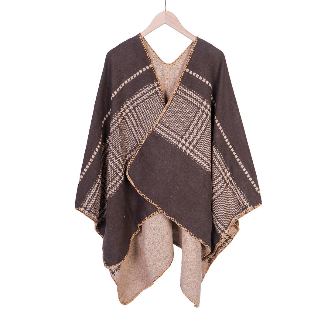 Women Jacquard wool blend ruana with open kimono fall and decorative overlock seam Mune Fashion
