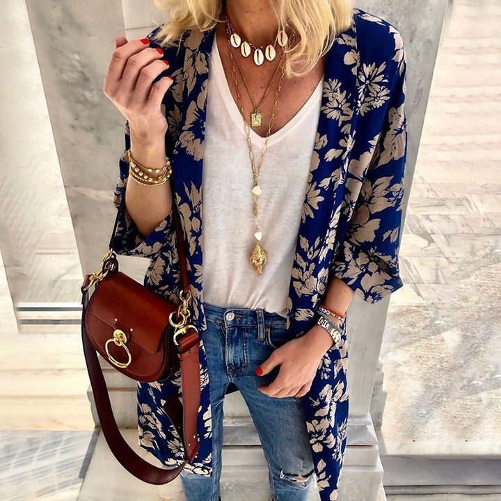Women's Longer Lighter Kimono Cardigan with Floral Print and 3/4 Sleeves Mune Fashion