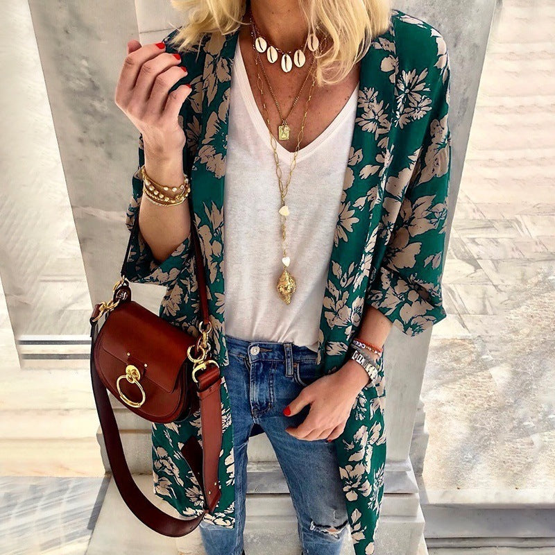 Women's Longer Lighter Kimono Cardigan with Floral Print and 3/4 Sleeves Mune Fashion