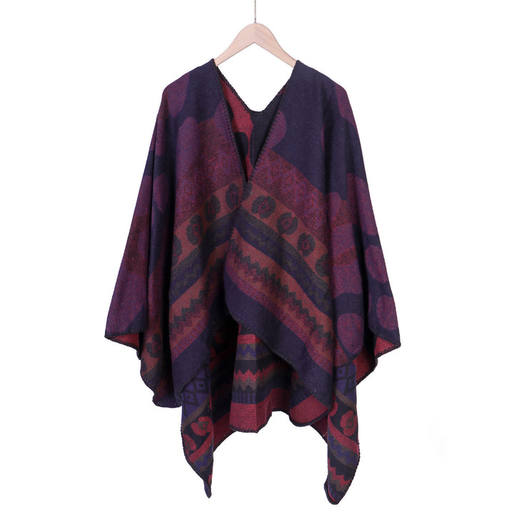 Women Jacquard Ruana Poncho with Ethno Jacquard and open oversized fall Mune Fashion