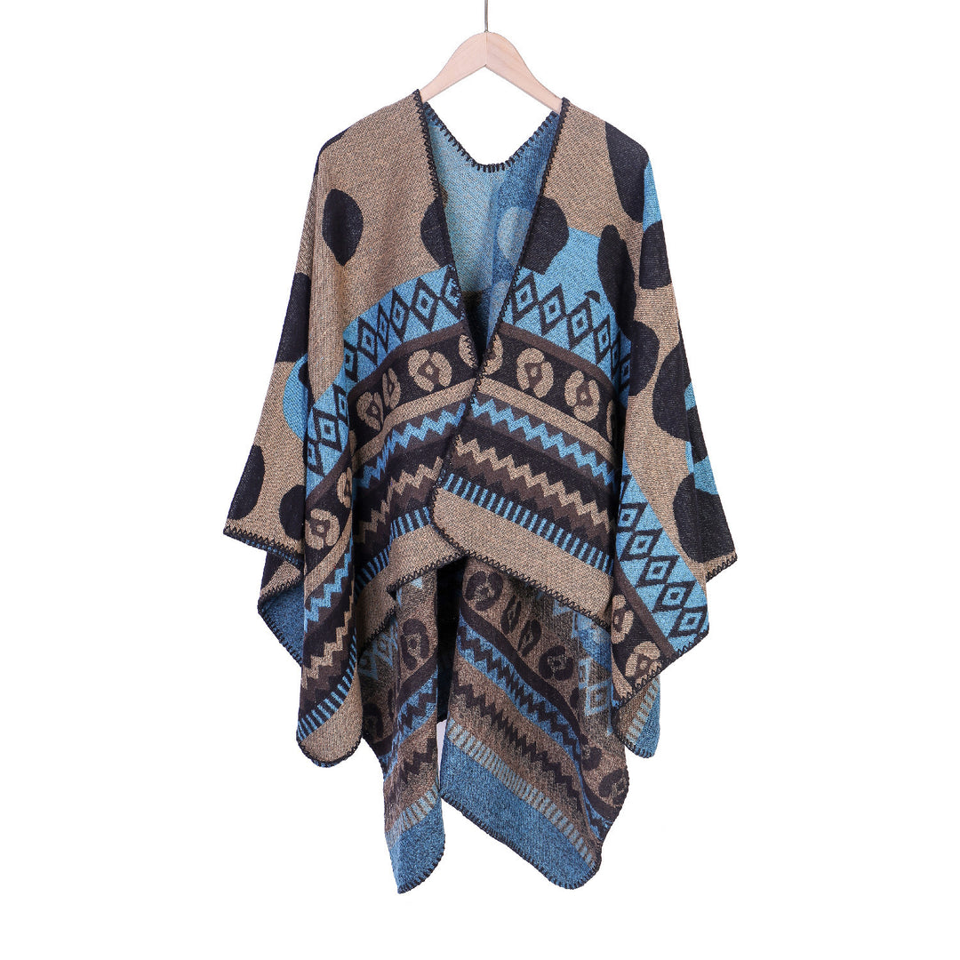 Women Jacquard Ruana Poncho with Ethno Jacquard and open oversized fall Mune Fashion