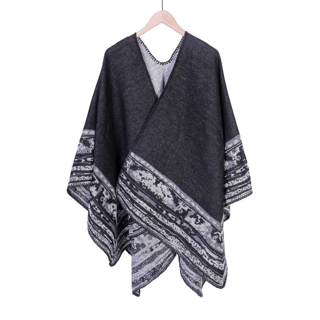 Women Soft-Falling Oversize Ruana in Cloak Style with Ornamental Border Mune Fashion