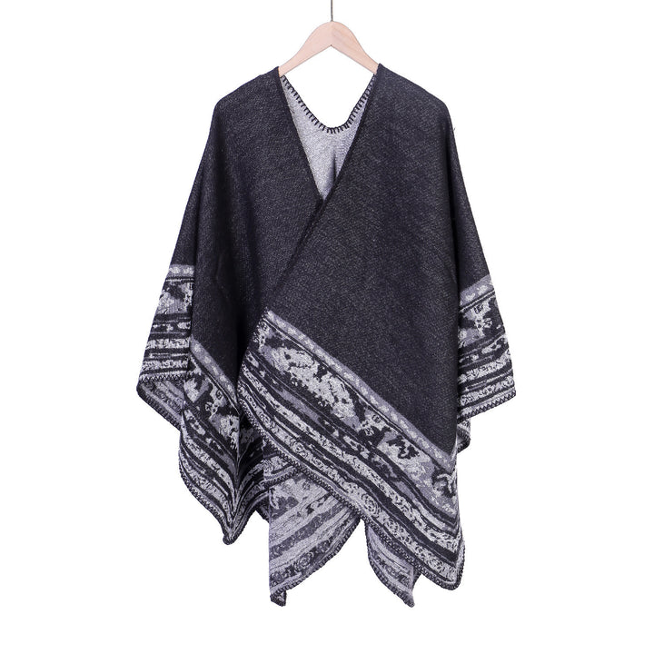 Women Soft-Falling Oversize Ruana in Cloak Style with Ornamental Border Mune Fashion