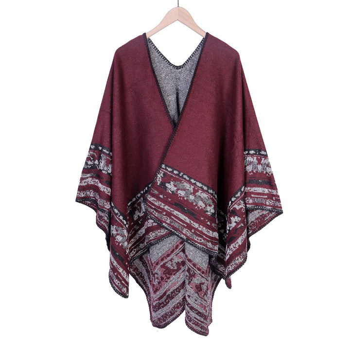 Women Soft-Falling Oversize Ruana in Cloak Style with Ornamental Border Mune Fashion