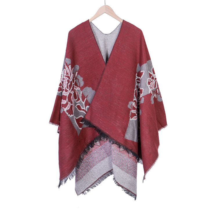 Women's Jacquard Ruana with floral motif, double-layered and fringed hem Mune Fashion
