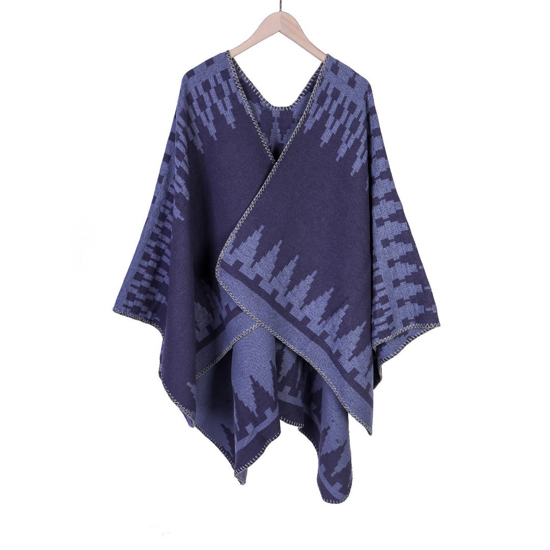 Women's jacquard knit ruana with geometric oversized fall and V-neck Mune Fashion