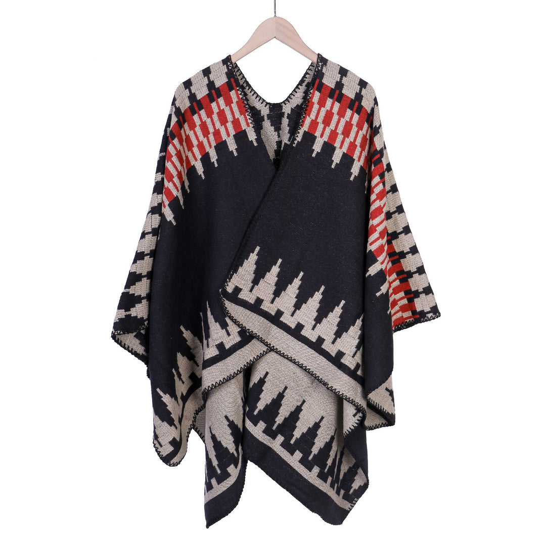 Women's jacquard knit ruana with geometric oversized fall and V-neck Mune Fashion