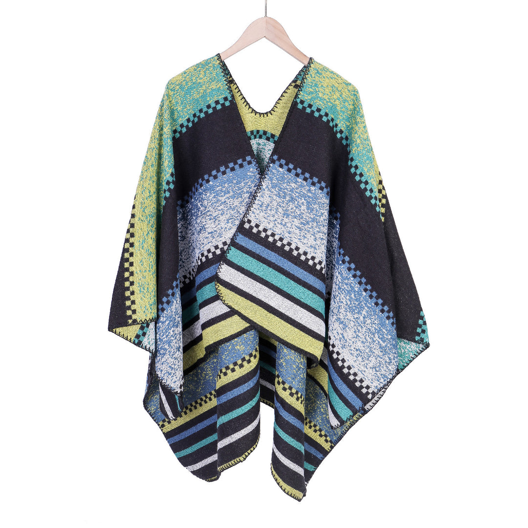 Women's Jacquard Ruana Poncho in Oversize with graphic stripe and ornament pattern Mune Fashion