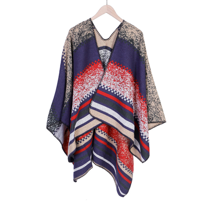 Women's Jacquard Ruana Poncho in Oversize with graphic stripe and ornament pattern Mune Fashion