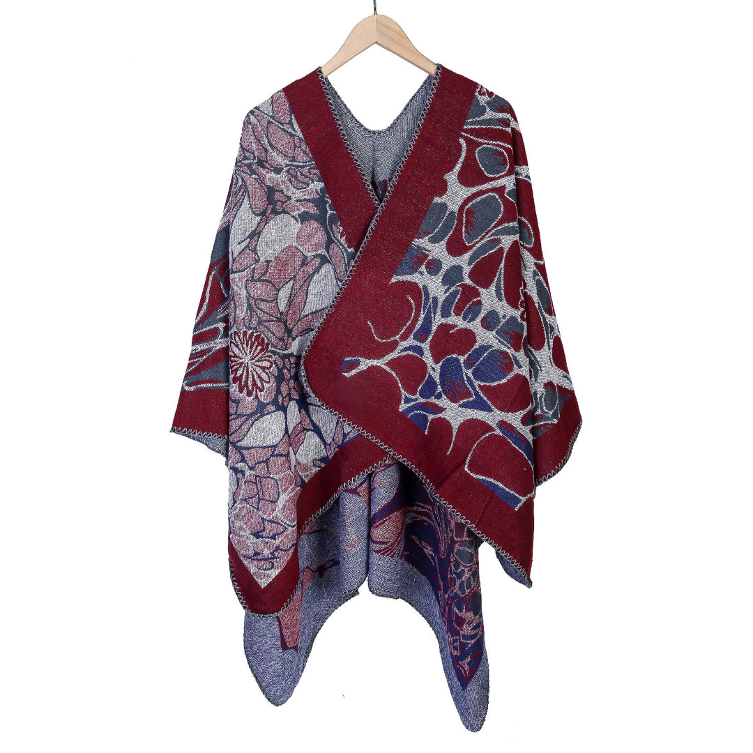 Women's Jacquard Ruana Poncho with contrasting shawl collar and asymmetrical pointed hem Mune Fashion