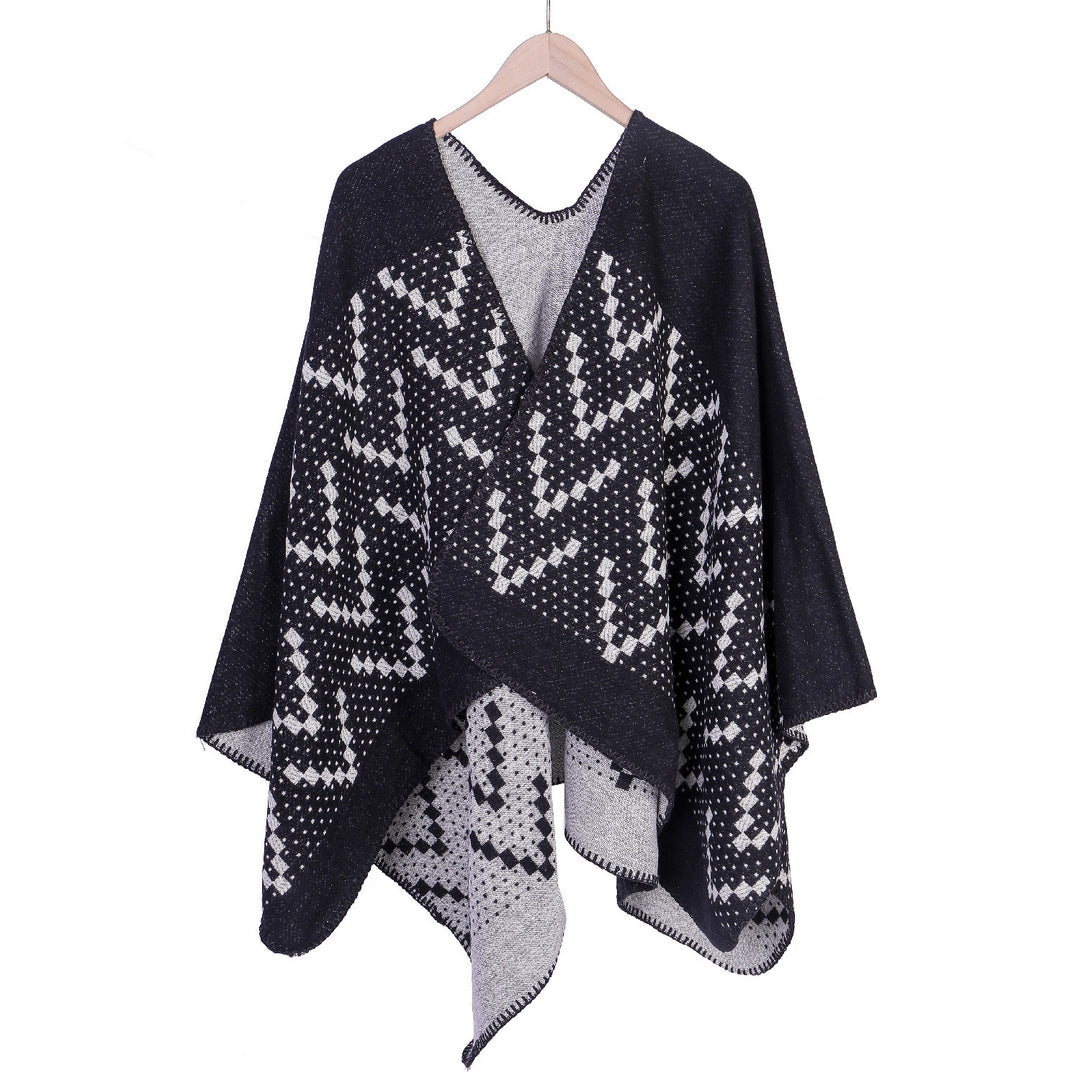 Women's jacquard wrap ruana with geometric pattern and open kimono silhouette Mune Fashion