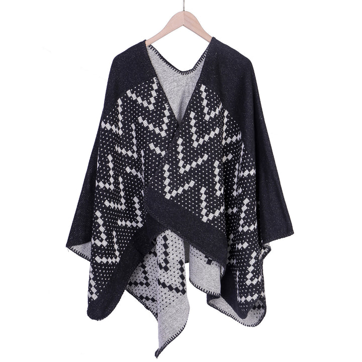 Women's jacquard wrap ruana with geometric pattern and open kimono silhouette Mune Fashion
