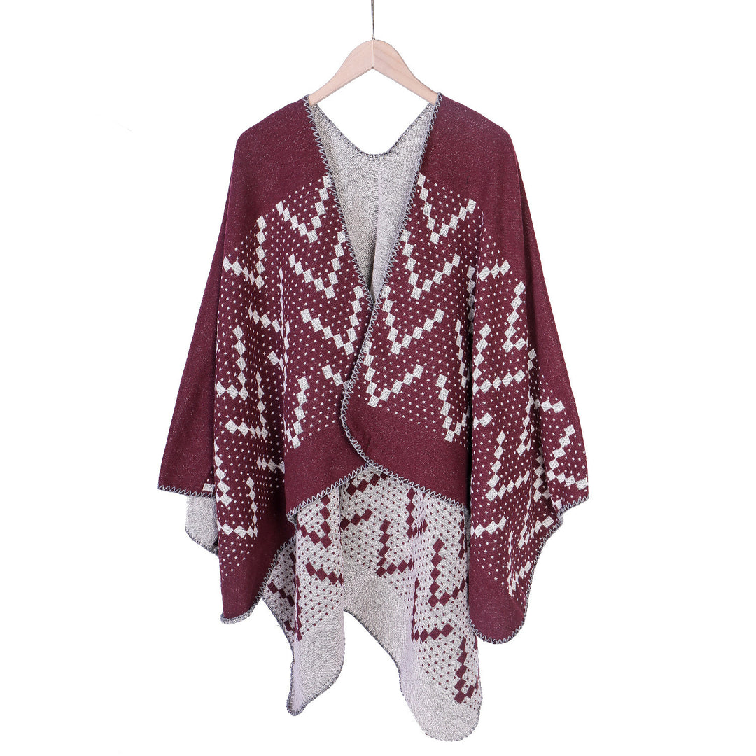 Women's jacquard wrap ruana with geometric pattern and open kimono silhouette Mune Fashion