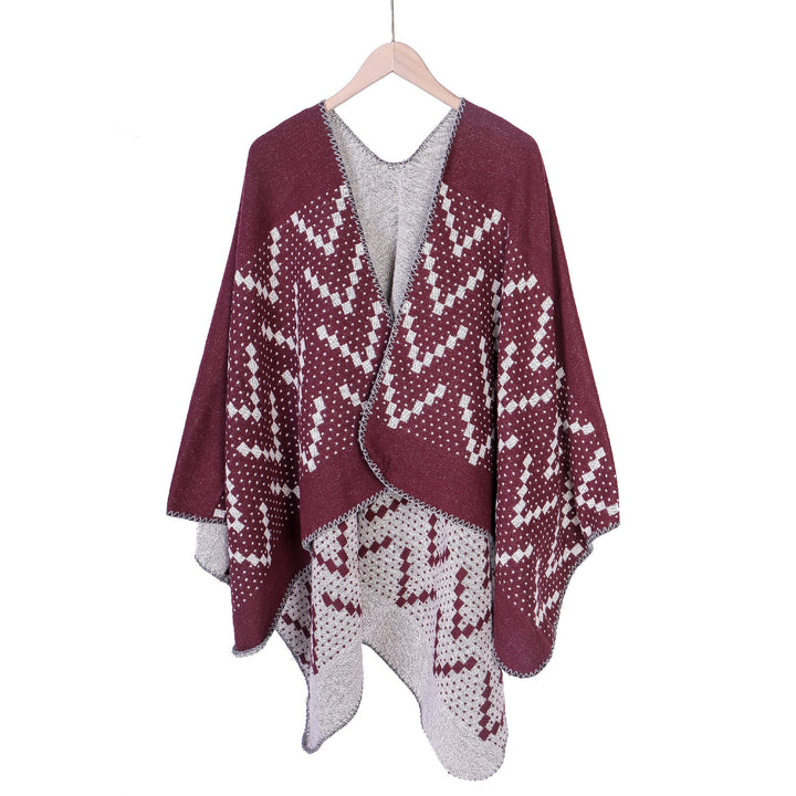 Women's jacquard wrap ruana with geometric pattern and open kimono silhouette Mune Fashion