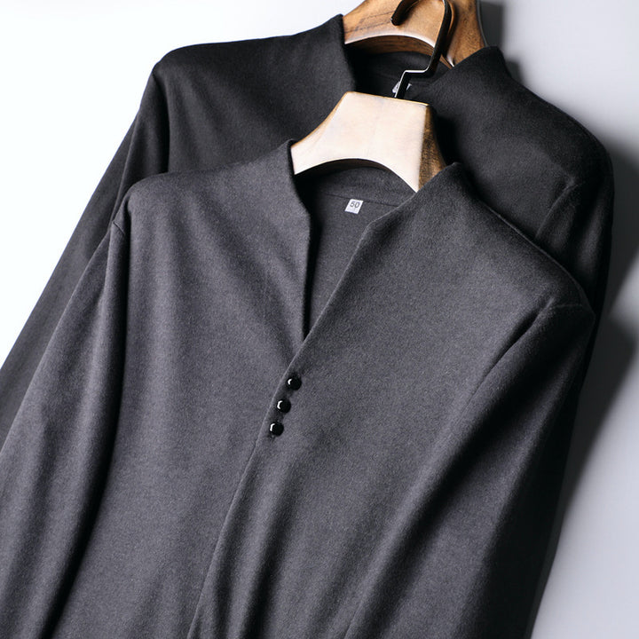 Men's Lightweight Fine Knit Long Sleeve with Concealed Button Placket and Stand Collar Mune Fashion