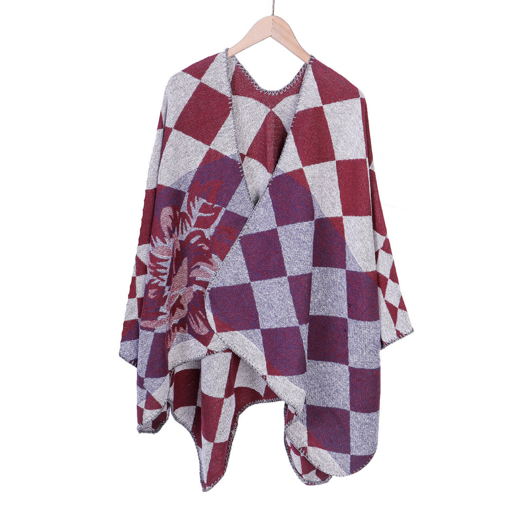 Women's Oversize Ruana in Jacquard with Check Pattern and Floral Allover Print