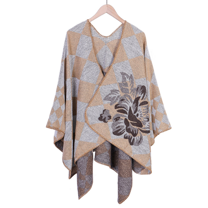 Women's Oversize Ruana in Jacquard with Check Pattern and Floral Allover Print
