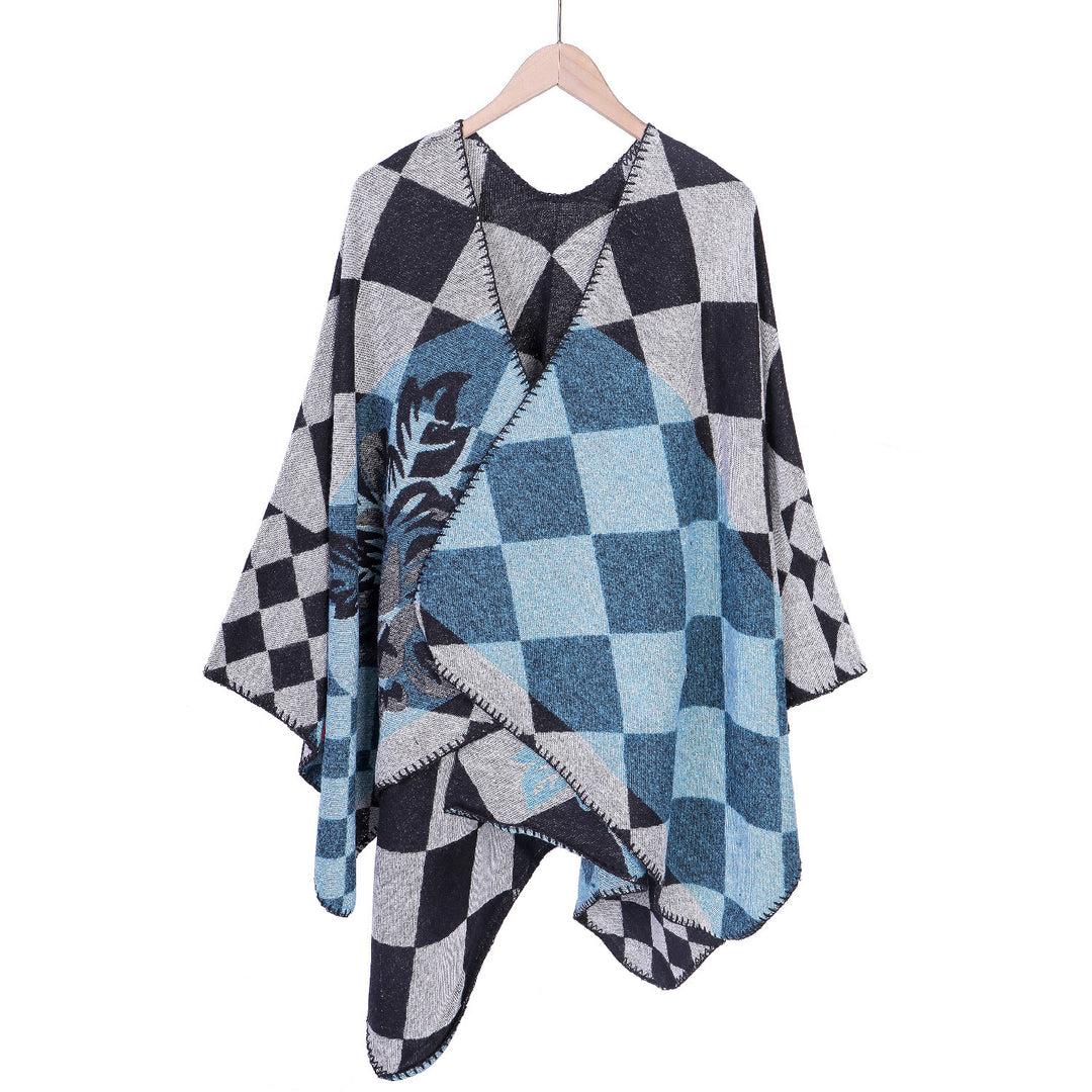 Women's Oversize Ruana in Jacquard with Check Pattern and Floral Allover Print