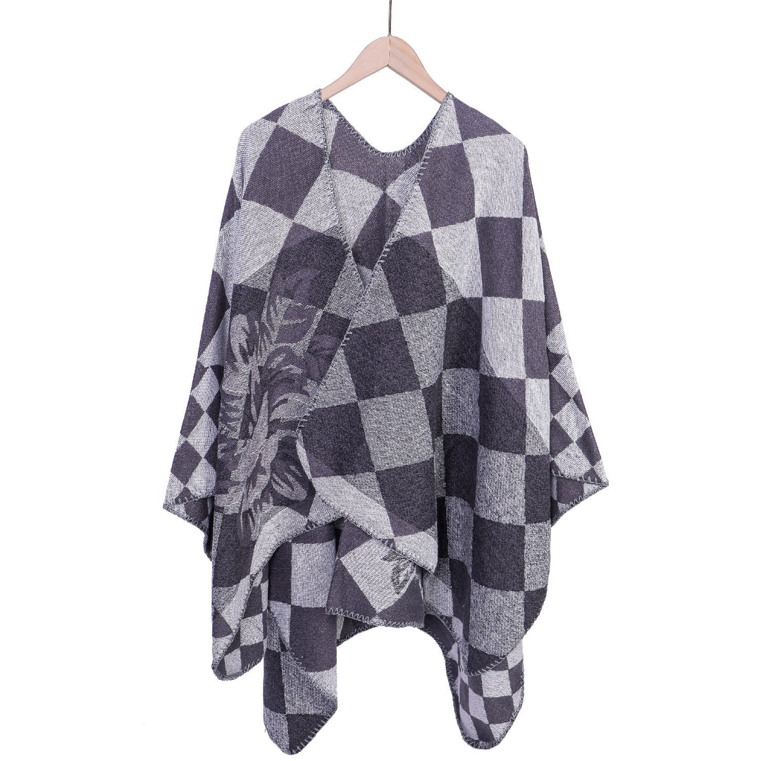 Women's Oversize Ruana in Jacquard with Check Pattern and Floral Allover Print
