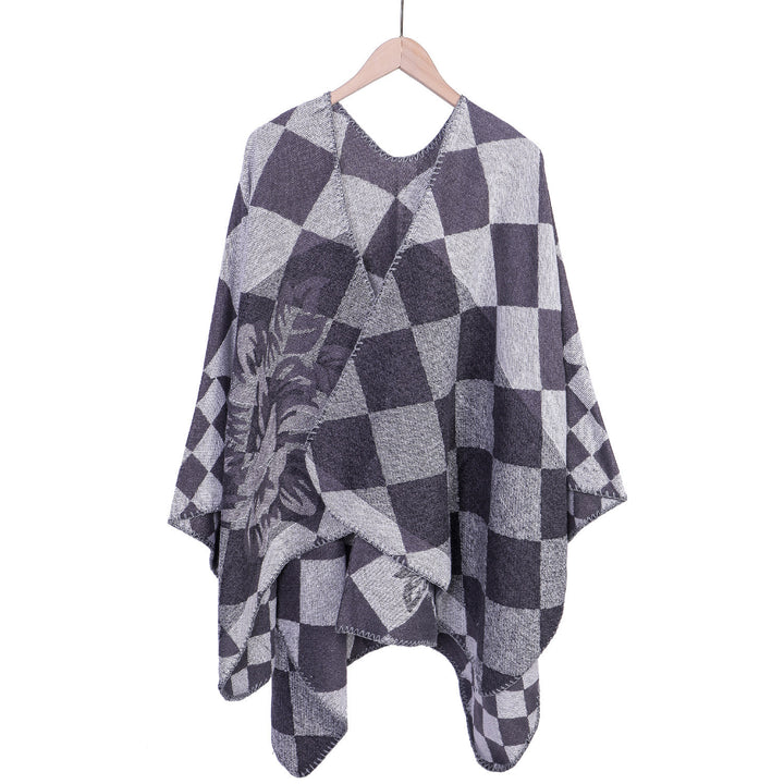 Women's Oversize Ruana in Jacquard with Check Pattern and Floral Allover Print