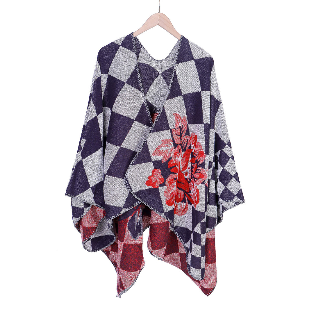 Women's Oversize Ruana in Jacquard with Check Pattern and Floral Allover Print