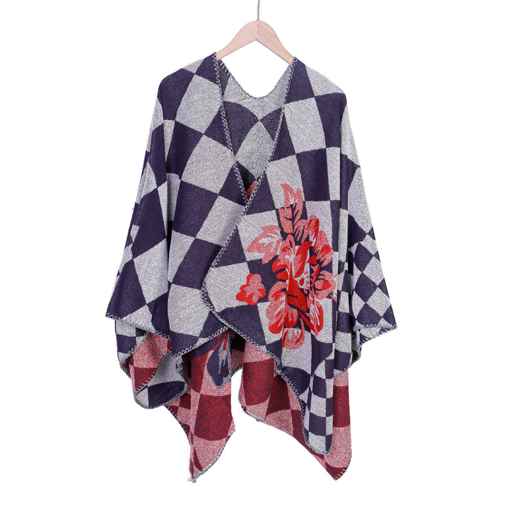 Women's Oversize Ruana in Jacquard with Check Pattern and Floral Allover Print