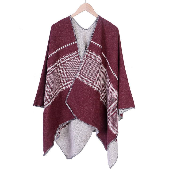 Women Jacquard wool blend ruana with open kimono fall and decorative overlock seam Mune Fashion