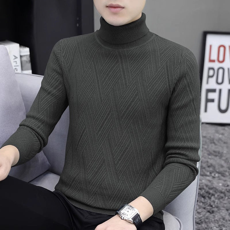 Men's knit pullover with cable pattern and turtleneck