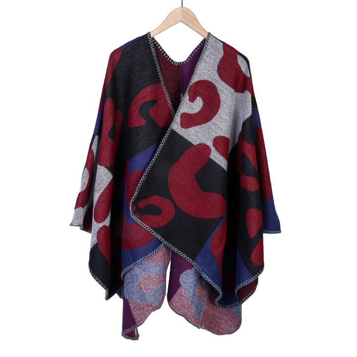Women's Oversized Ruana with abstract graphic jacquard and decorative overlock seam Mune Fashion