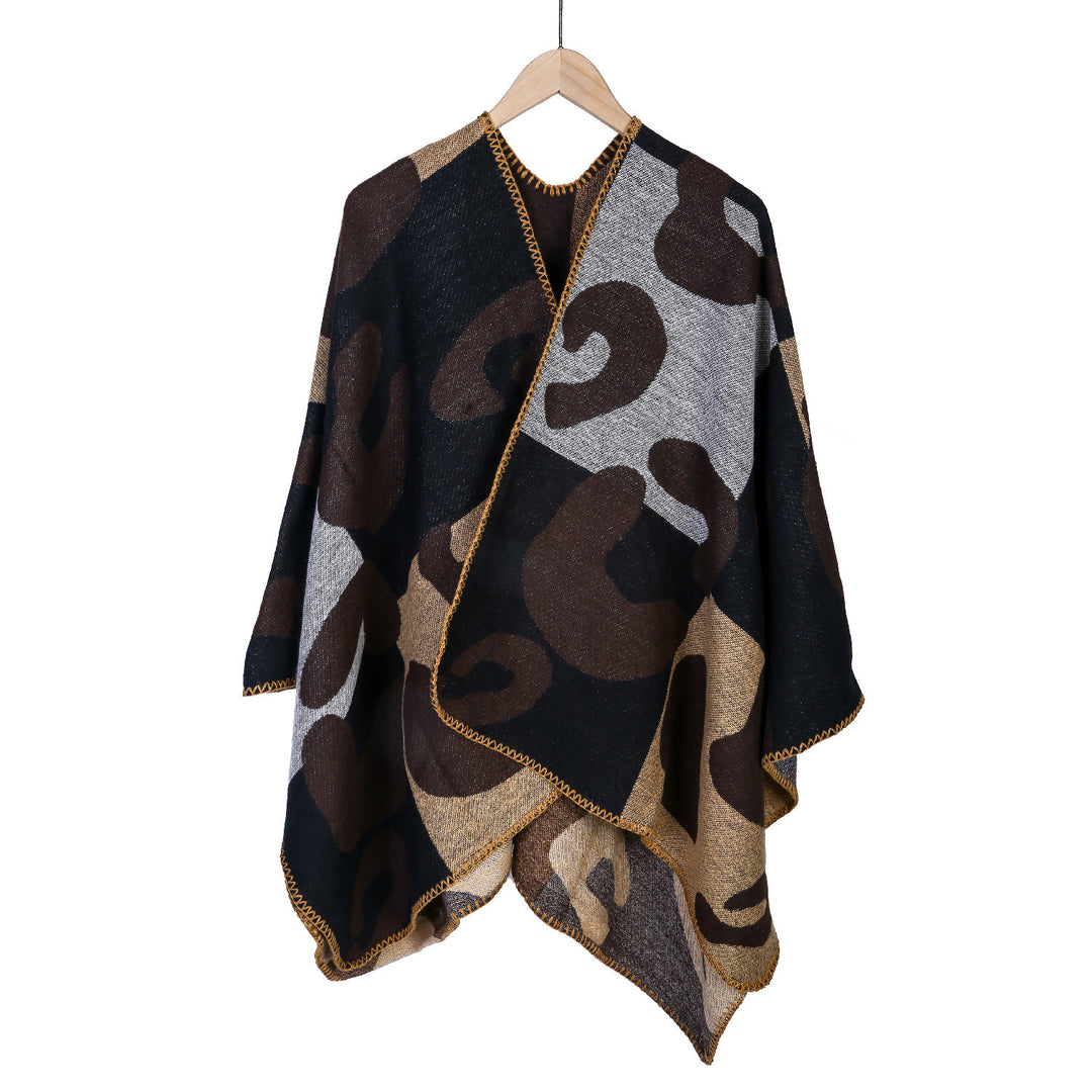 Women's Oversized Ruana with abstract graphic jacquard and decorative overlock seam Mune Fashion