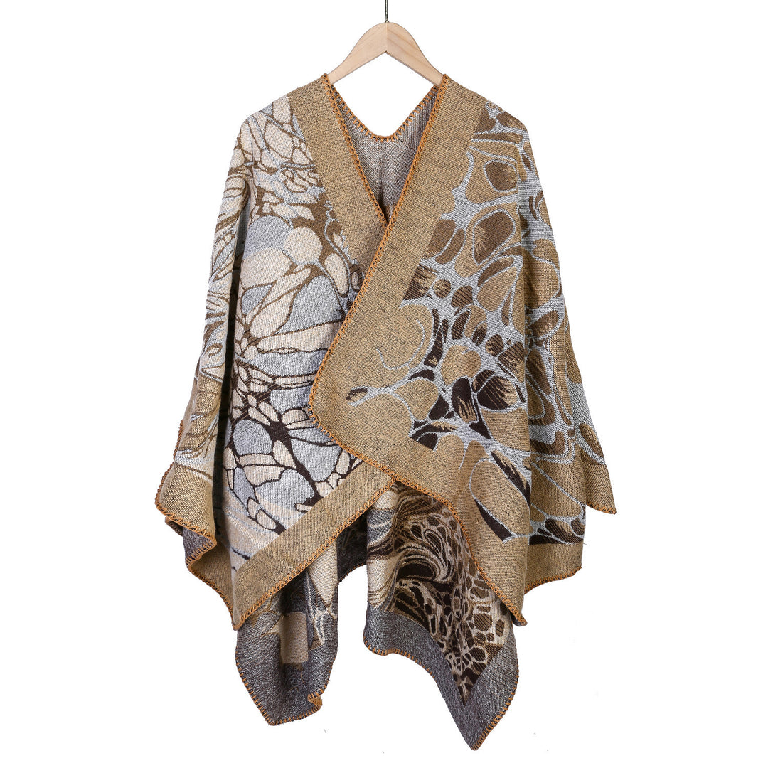 Women's Jacquard Ruana Poncho with contrasting shawl collar and asymmetrical pointed hem Mune Fashion