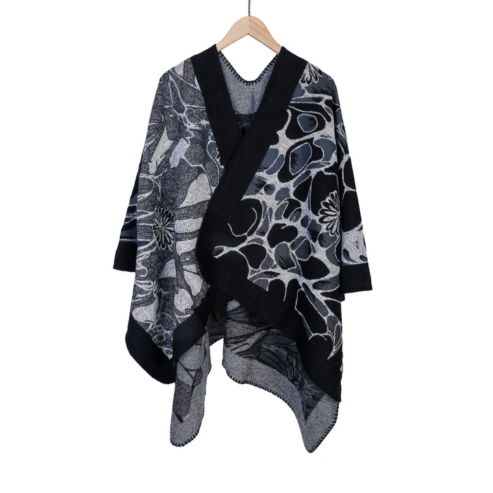 Women's Jacquard Ruana Poncho with contrasting shawl collar and asymmetrical pointed hem Mune Fashion