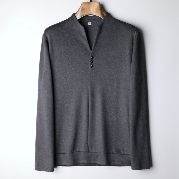 Men's Lightweight Fine Knit Long Sleeve with Concealed Button Placket and Stand Collar Mune Fashion