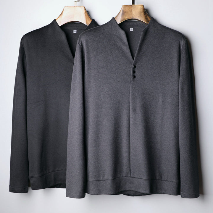 Men's Lightweight Fine Knit Long Sleeve with Concealed Button Placket and Stand Collar Mune Fashion
