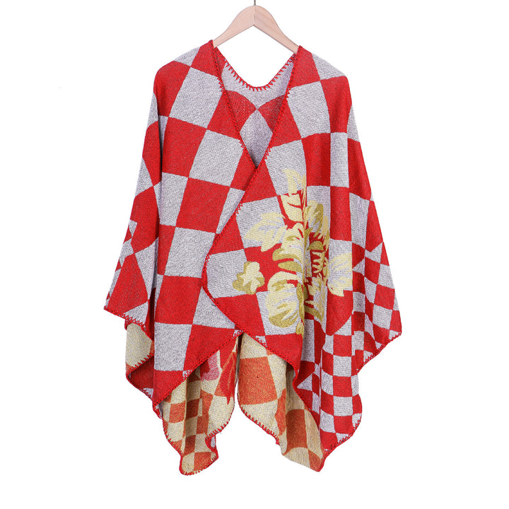 Women's Oversize Ruana in Jacquard with Check Pattern and Floral Allover Print