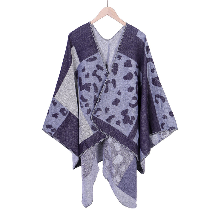 Women's Oversize Ruana Poncho made of wool blend with jacquard leopard pattern and open front Mune Fashion