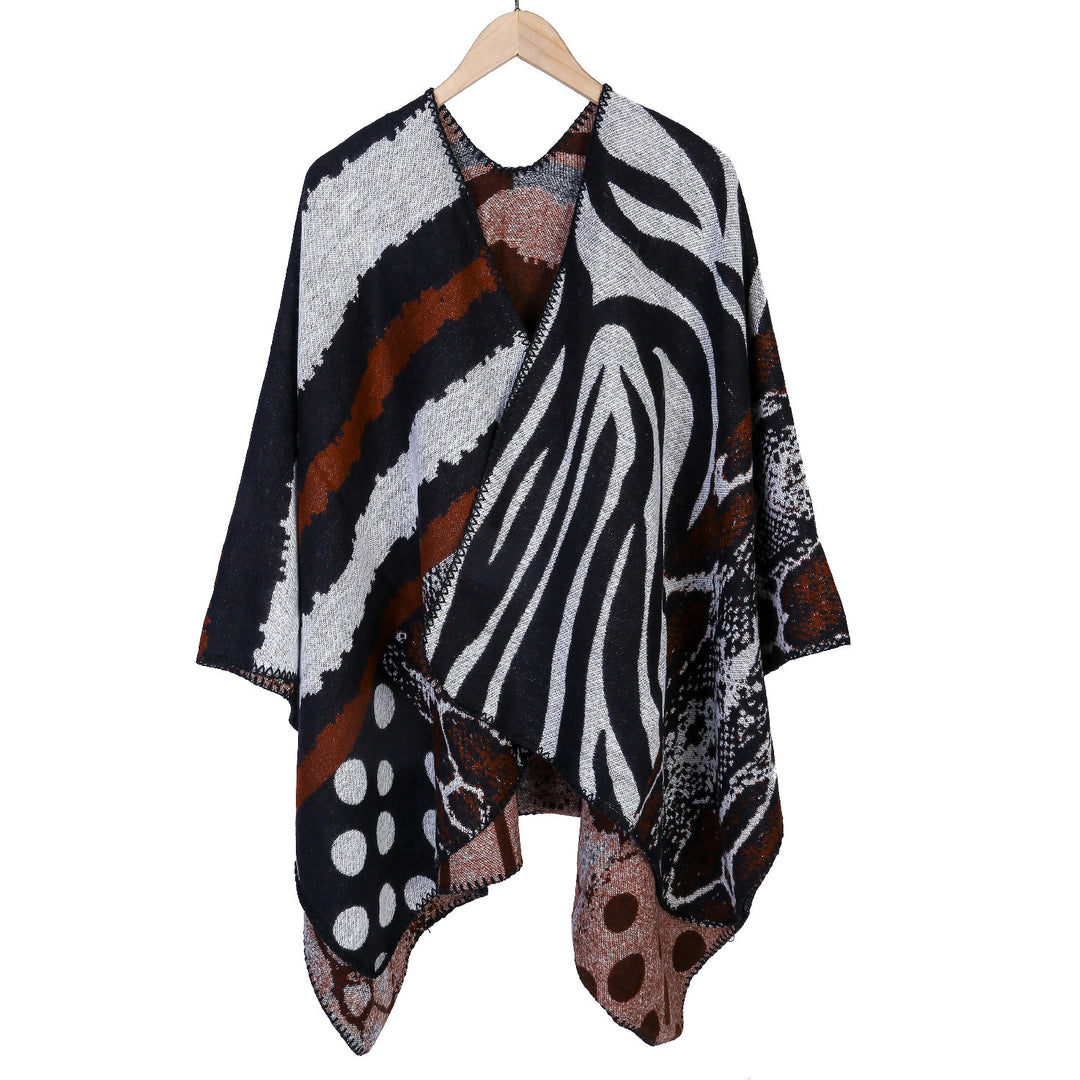 Women's Oversized Knit Cape with Abstract Animal and Graphic Pattern Mune Fashion