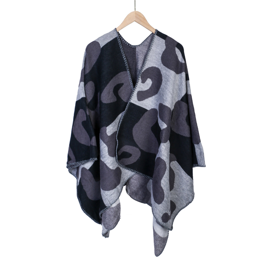 Women's Oversized Ruana with abstract graphic jacquard and decorative overlock seam Mune Fashion