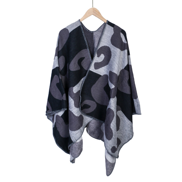 Women's Oversized Ruana with abstract graphic jacquard and decorative overlock seam Mune Fashion