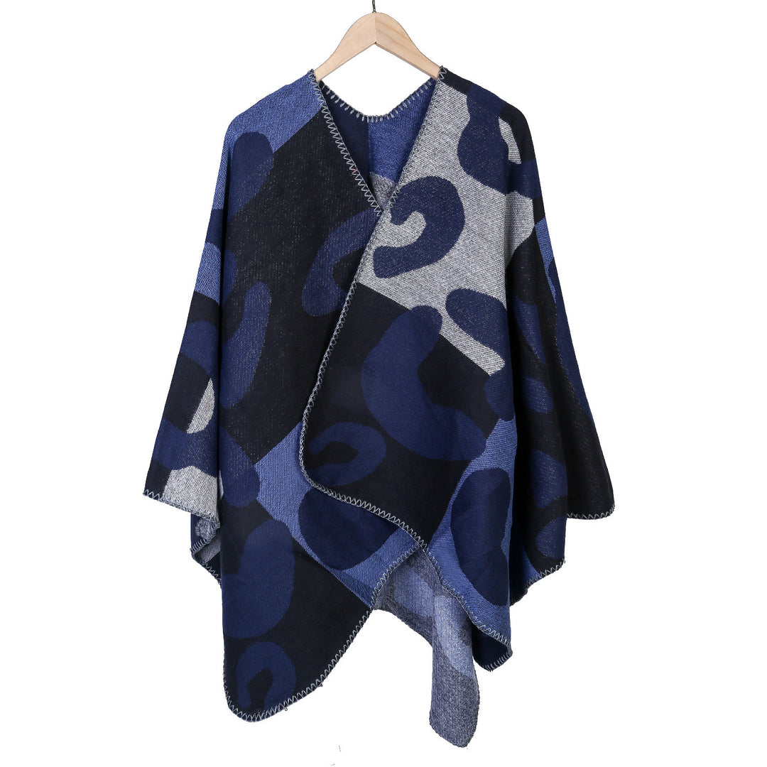 Women's Oversized Ruana with abstract graphic jacquard and decorative overlock seam Mune Fashion