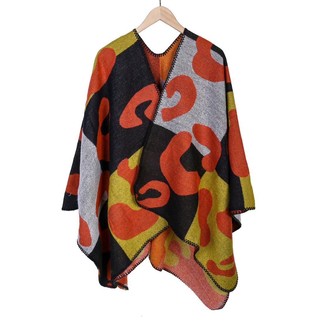 Women's Oversized Ruana with abstract graphic jacquard and decorative overlock seam Mune Fashion
