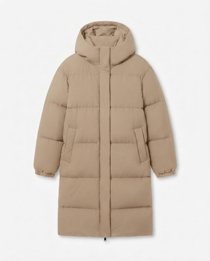 Women's nan ultra-watt-coated longline puffer with ergonomic hood, concealed snap placket, and thermoregulating insulation
