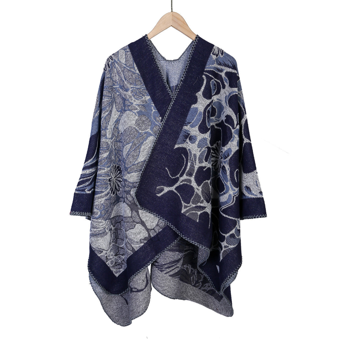 Women's Jacquard Ruana Poncho with contrasting shawl collar and asymmetrical pointed hem Mune Fashion