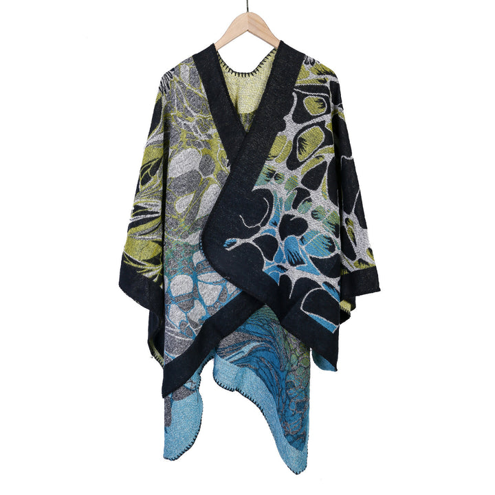 Women's Jacquard Ruana Poncho with contrasting shawl collar and asymmetrical pointed hem Mune Fashion