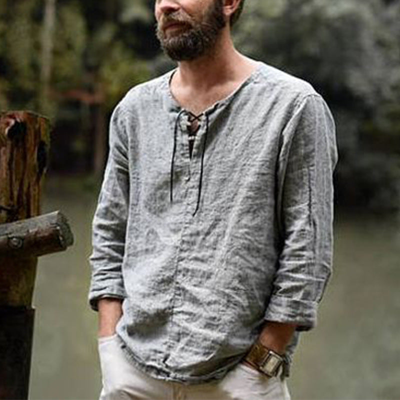 Men's Casual Linen Shirt with Decorative Lace-Up Closure Mune